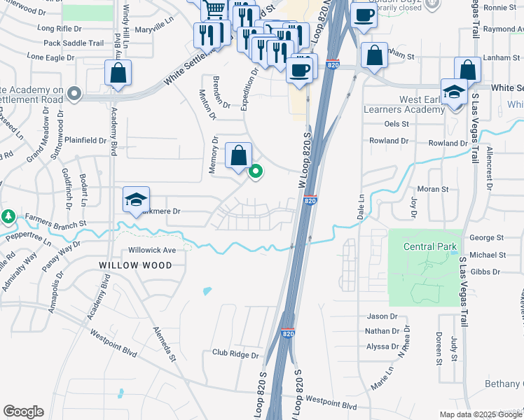 map of restaurants, bars, coffee shops, grocery stores, and more near 9600 Constellation Boulevard in Fort Worth