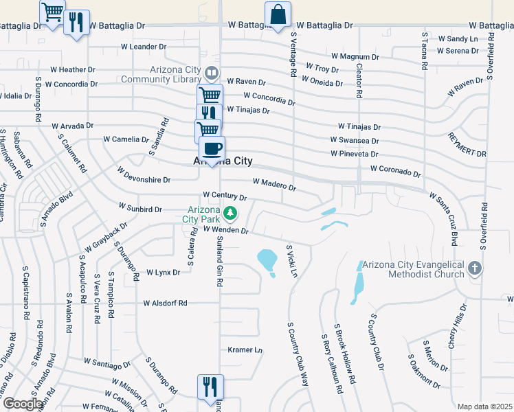 map of restaurants, bars, coffee shops, grocery stores, and more near 9422 West Century Drive in Arizona City