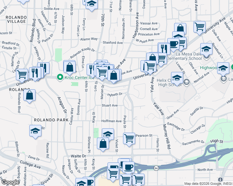 map of restaurants, bars, coffee shops, grocery stores, and more near 7125 Boulevard Drive in La Mesa