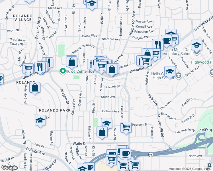 map of restaurants, bars, coffee shops, grocery stores, and more near 7025 Boulevard Drive in La Mesa