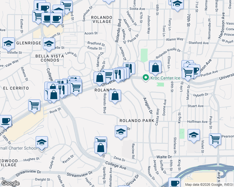 map of restaurants, bars, coffee shops, grocery stores, and more near 4157 Vista Grande Drive in San Diego