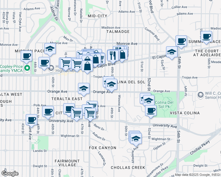 map of restaurants, bars, coffee shops, grocery stores, and more near 4245 Estrella Avenue in San Diego