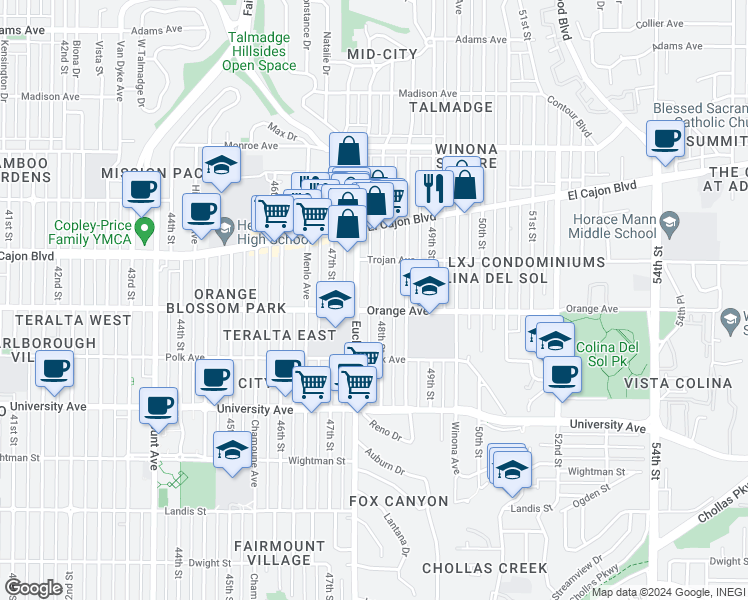 map of restaurants, bars, coffee shops, grocery stores, and more near 4244 48th Street in San Diego