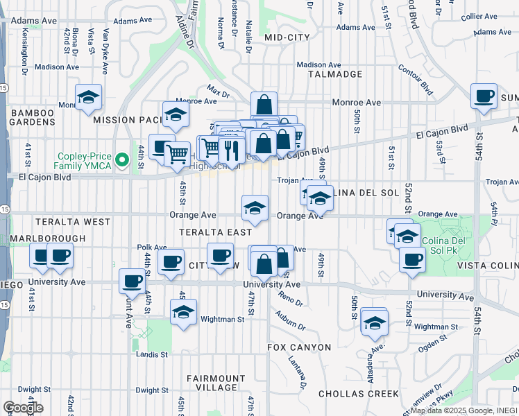 map of restaurants, bars, coffee shops, grocery stores, and more near 4233 47th Street in San Diego