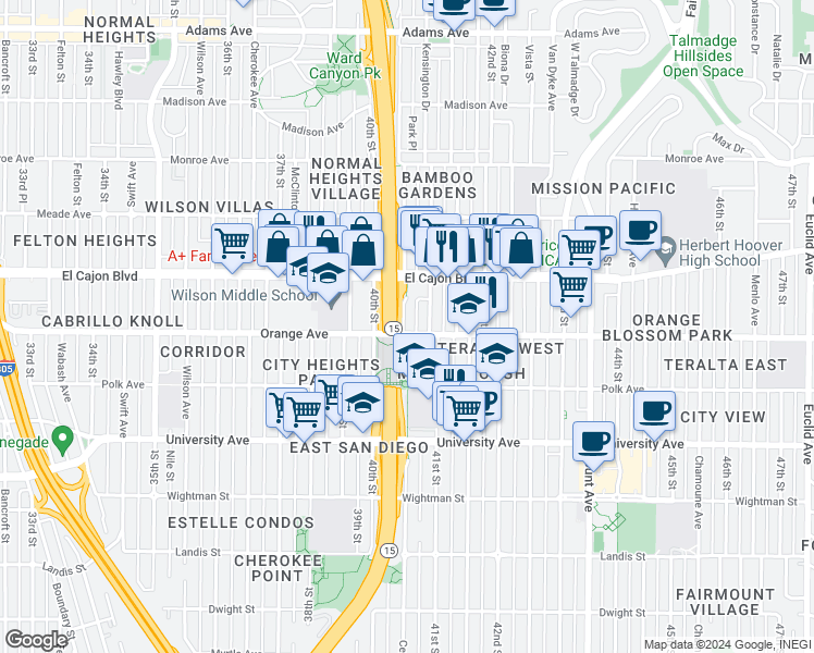 map of restaurants, bars, coffee shops, grocery stores, and more near 4235 Central Avenue in San Diego
