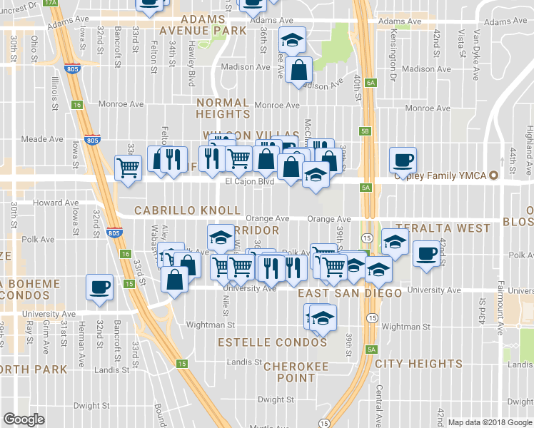 map of restaurants, bars, coffee shops, grocery stores, and more near 4235 36th Street in San Diego