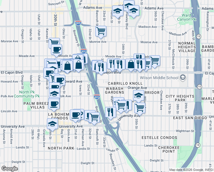 map of restaurants, bars, coffee shops, grocery stores, and more near 3285 Bramson Place in San Diego