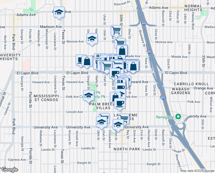map of restaurants, bars, coffee shops, grocery stores, and more near 2875 Howard Avenue in San Diego