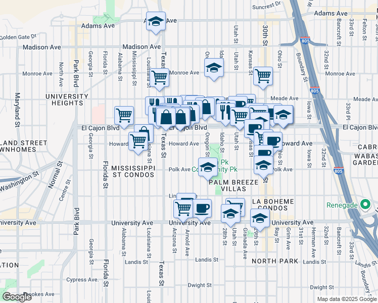 map of restaurants, bars, coffee shops, grocery stores, and more near in San Diego