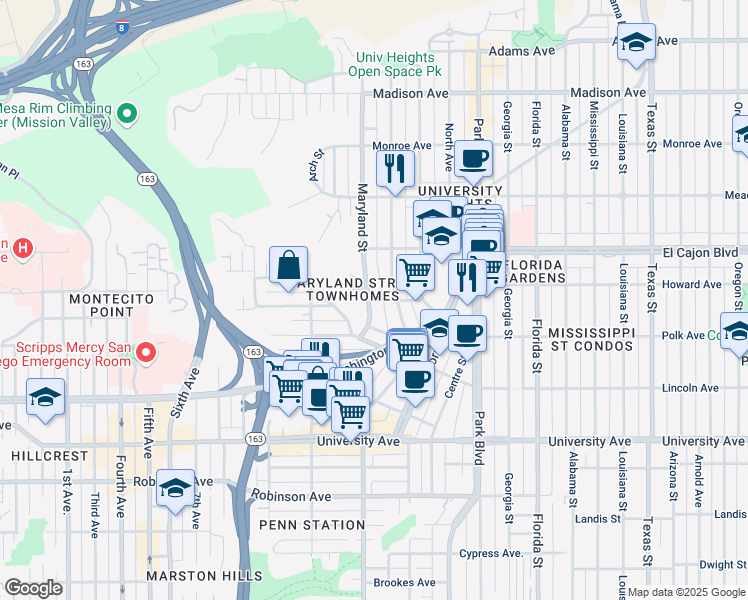 map of restaurants, bars, coffee shops, grocery stores, and more near 4232 Maryland Street in San Diego