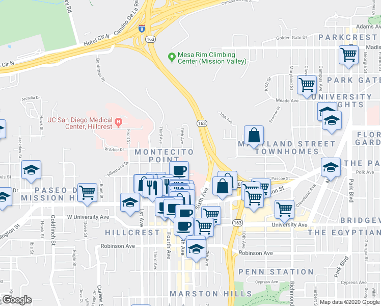 map of restaurants, bars, coffee shops, grocery stores, and more near 4204 Fifth Avenue in San Diego