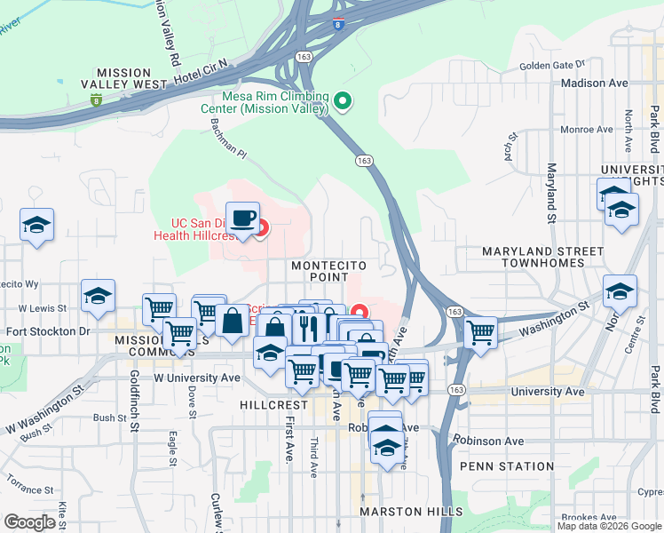 map of restaurants, bars, coffee shops, grocery stores, and more near 318 Arbor Drive in San Diego