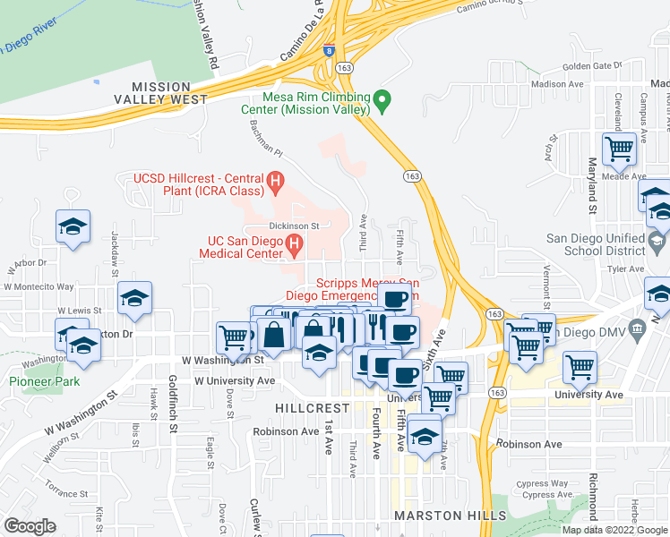 map of restaurants, bars, coffee shops, grocery stores, and more near 130 West Arbor Drive in San Diego