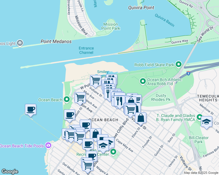 map of restaurants, bars, coffee shops, grocery stores, and more near 5042 West Point Loma Boulevard in San Diego