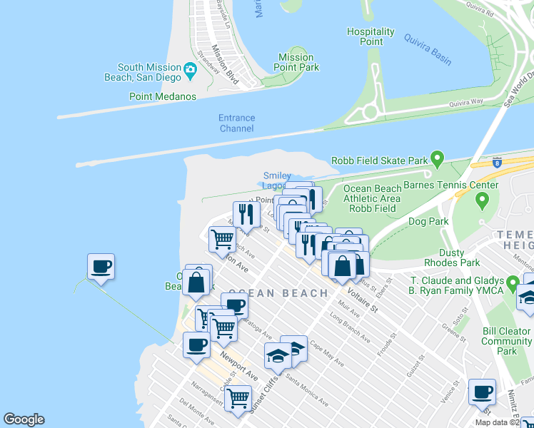 map of restaurants, bars, coffee shops, grocery stores, and more near 2240 Abbott Street in San Diego