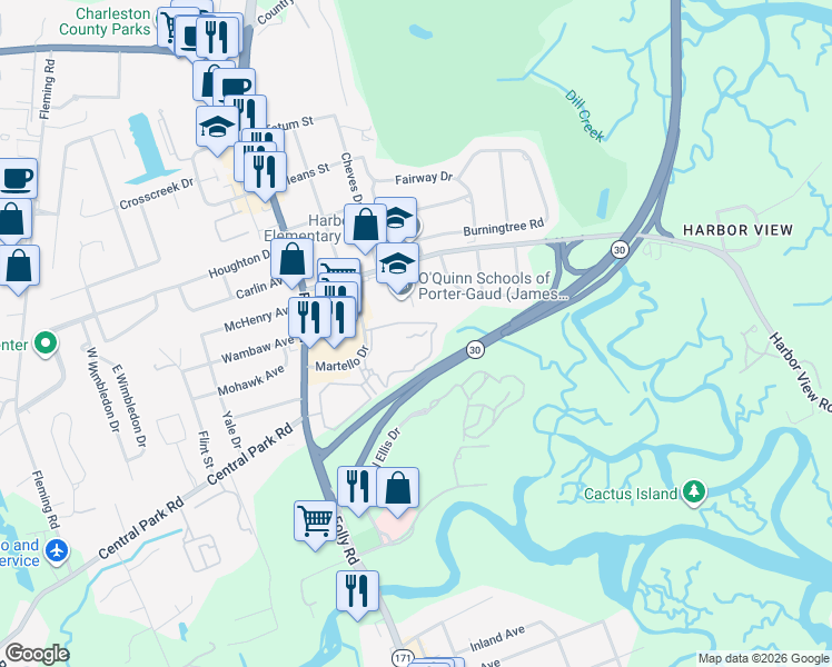 map of restaurants, bars, coffee shops, grocery stores, and more near 1431 Telfair Way in Charleston
