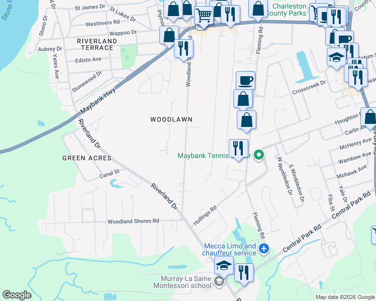 map of restaurants, bars, coffee shops, grocery stores, and more near 429 Woodland Shores Road in Charleston