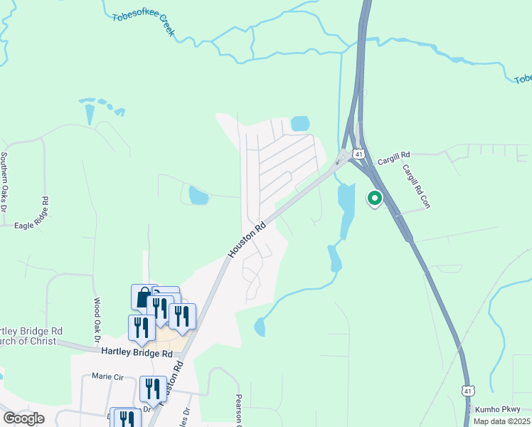 map of restaurants, bars, coffee shops, grocery stores, and more near Brandon Drive in Macon