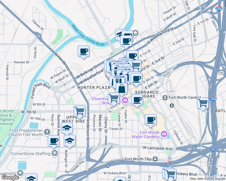 map of restaurants, bars, coffee shops, grocery stores, and more near 550 Throckmorton Street in Fort Worth