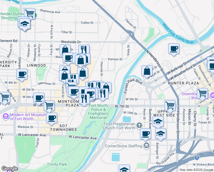 map of restaurants, bars, coffee shops, grocery stores, and more near 411 Harrold Street in Fort Worth