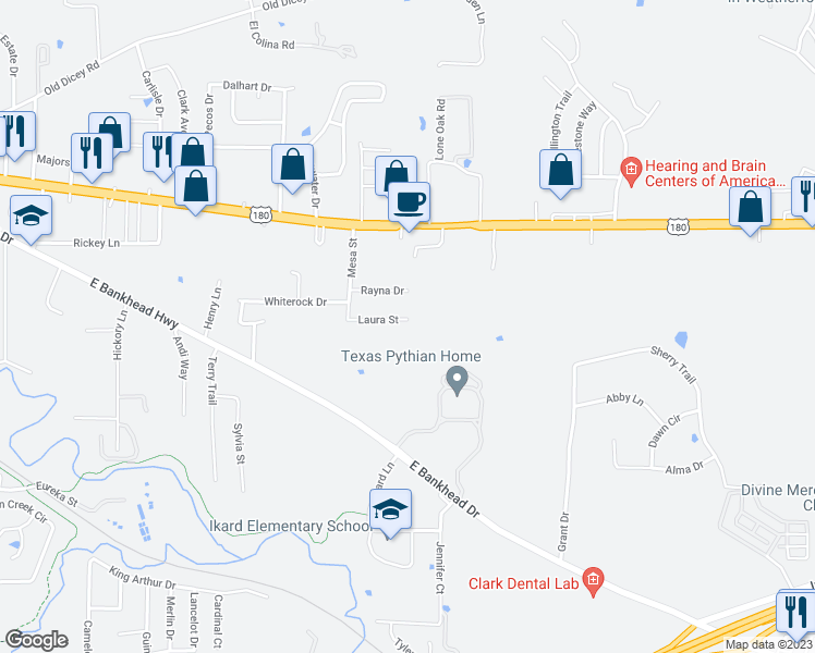 map of restaurants, bars, coffee shops, grocery stores, and more near 1838 Laura Street in Weatherford