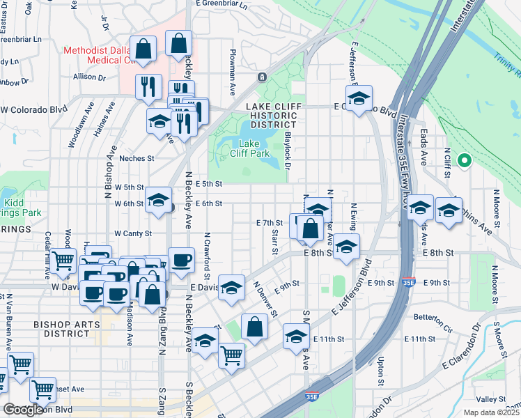 map of restaurants, bars, coffee shops, grocery stores, and more near 412 East 6th Street in Dallas