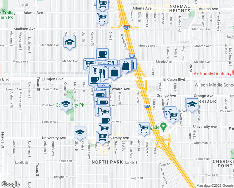 map of restaurants, bars, coffee shops, grocery stores, and more near 4168 Illinois Street in San Diego