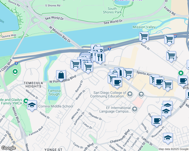 map of restaurants, bars, coffee shops, grocery stores, and more near 3845 Groton Street in San Diego