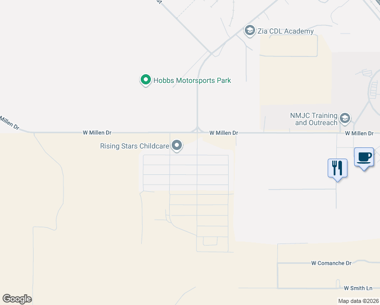 map of restaurants, bars, coffee shops, grocery stores, and more near West Millen Drive in Hobbs