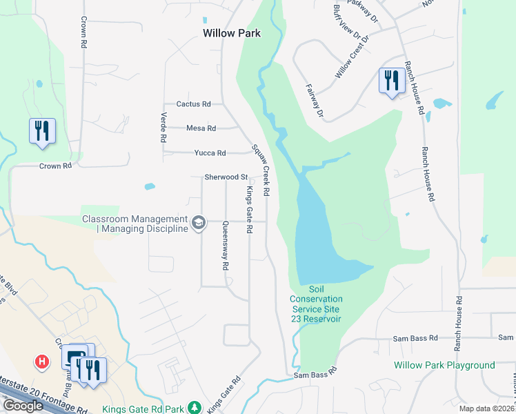 map of restaurants, bars, coffee shops, grocery stores, and more near 601 Squaw Creek Road in Willow Park