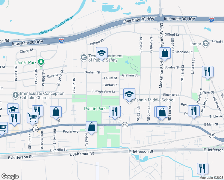 map of restaurants, bars, coffee shops, grocery stores, and more near 2521 Fairfax Street in Grand Prairie