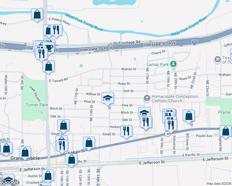 map of restaurants, bars, coffee shops, grocery stores, and more near 1510 Ash Street in Grand Prairie