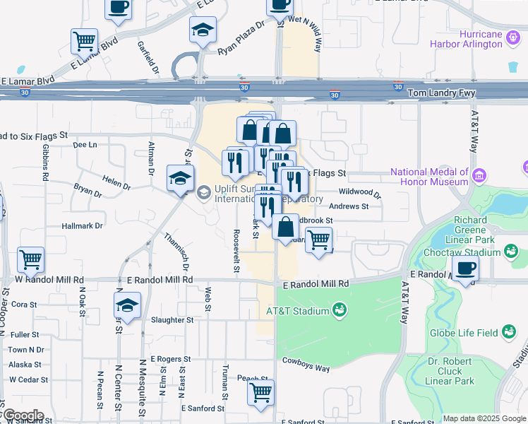 map of restaurants, bars, coffee shops, grocery stores, and more near 707 Andrews Street in Arlington