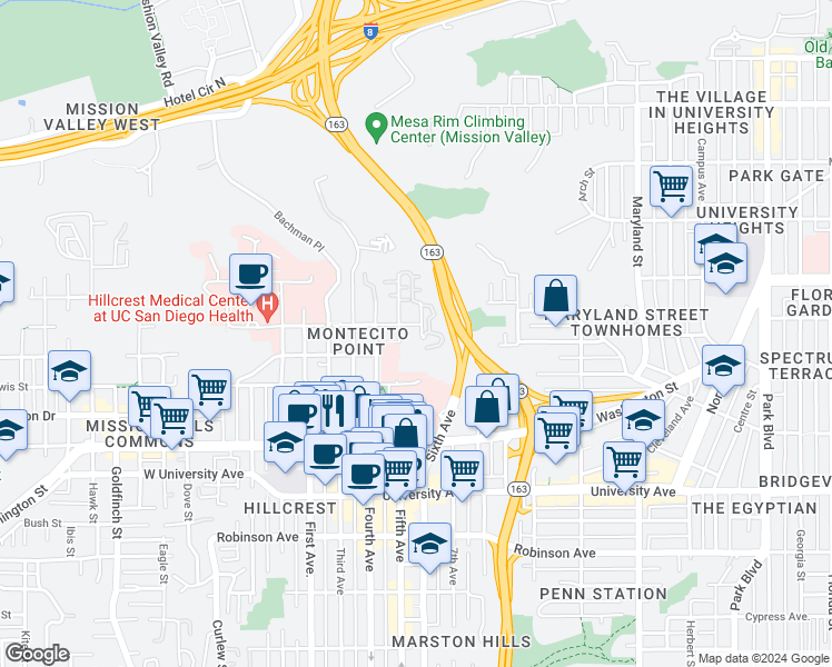 map of restaurants, bars, coffee shops, grocery stores, and more near 4204 Fifth Avenue in San Diego