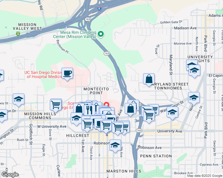 map of restaurants, bars, coffee shops, grocery stores, and more near 521 Arbor Drive in San Diego