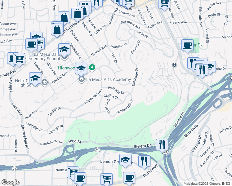 map of restaurants, bars, coffee shops, grocery stores, and more near 7987 Wetherly Street in La Mesa