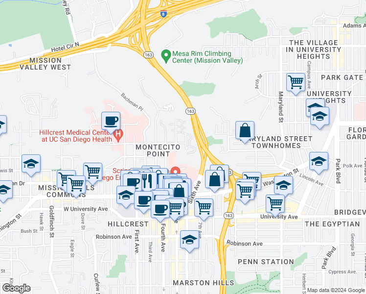 map of restaurants, bars, coffee shops, grocery stores, and more near 521 Arbor Drive in San Diego