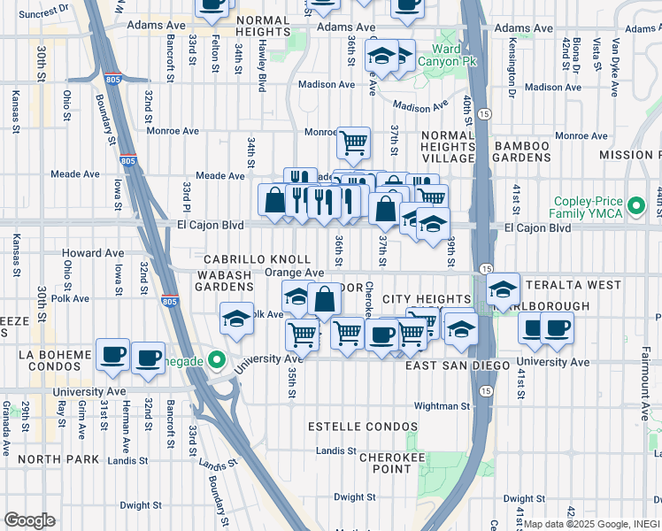 map of restaurants, bars, coffee shops, grocery stores, and more near 3588 Orange Avenue in San Diego
