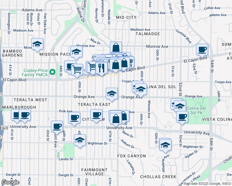 map of restaurants, bars, coffee shops, grocery stores, and more near 4233 47th Street in San Diego