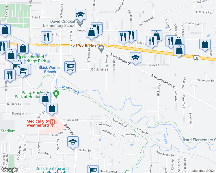 map of restaurants, bars, coffee shops, grocery stores, and more near 321 Cherry Street in Weatherford