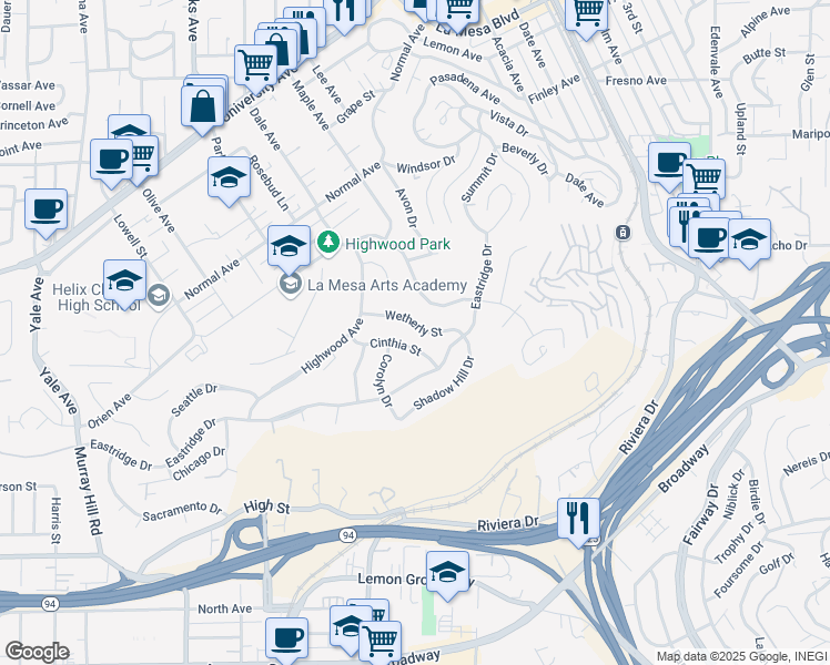 map of restaurants, bars, coffee shops, grocery stores, and more near 7987 Wetherly Street in La Mesa