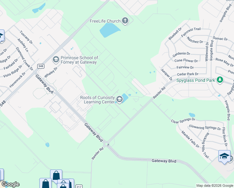 map of restaurants, bars, coffee shops, grocery stores, and more near 11034 Reeder Lane in Forney