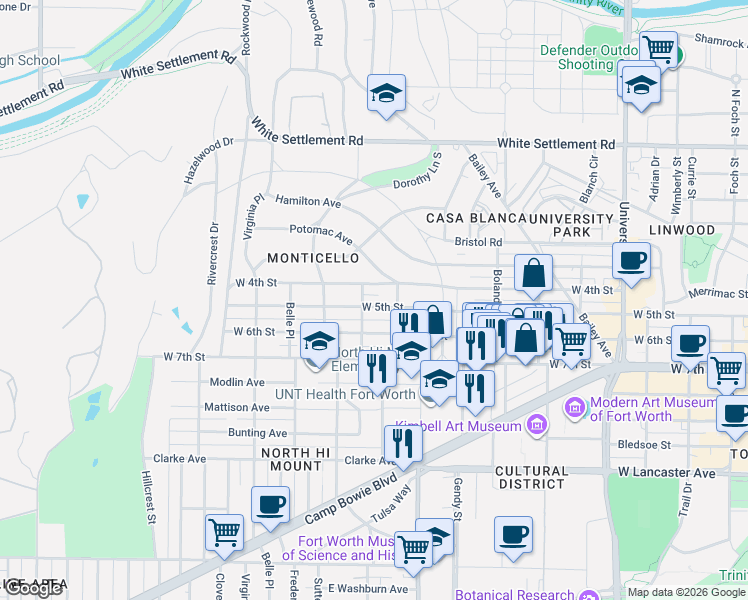 map of restaurants, bars, coffee shops, grocery stores, and more near 3755 West 4th Street in Fort Worth