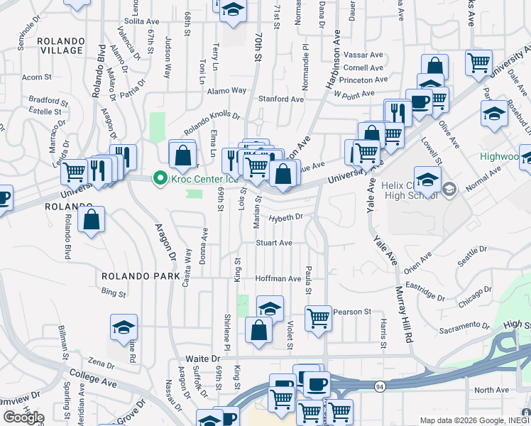 map of restaurants, bars, coffee shops, grocery stores, and more near 7025 Boulevard Drive in La Mesa