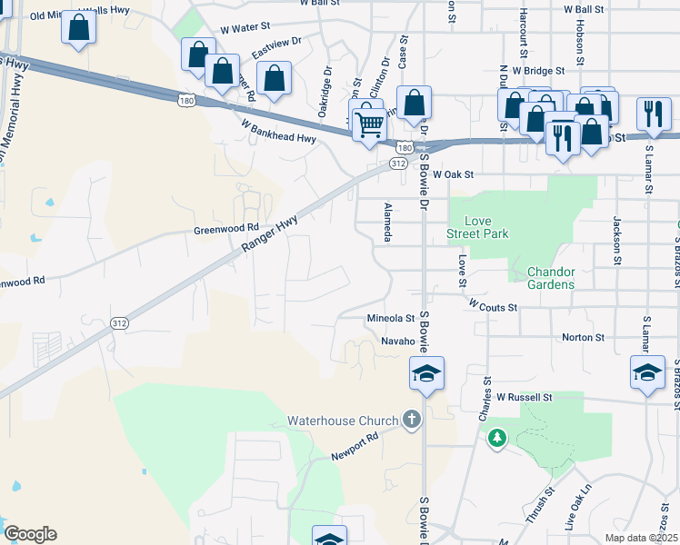 map of restaurants, bars, coffee shops, grocery stores, and more near 226 Water Oak Lane in Weatherford