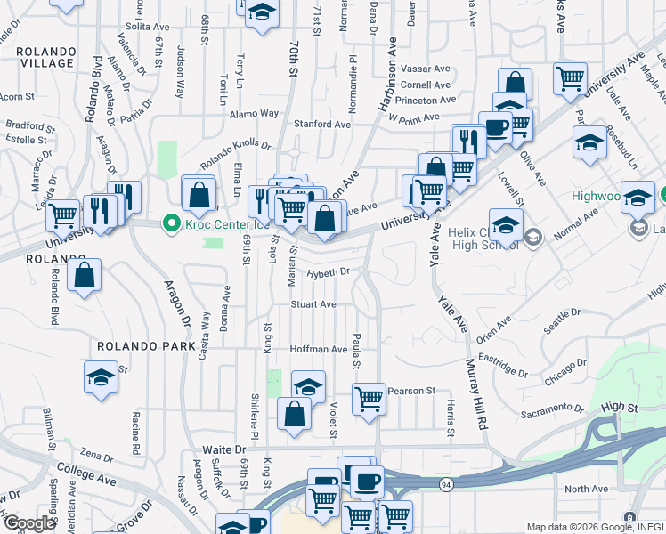 map of restaurants, bars, coffee shops, grocery stores, and more near 7125 Boulevard Drive in La Mesa