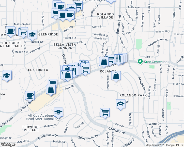 map of restaurants, bars, coffee shops, grocery stores, and more near 6222 University Avenue in San Diego