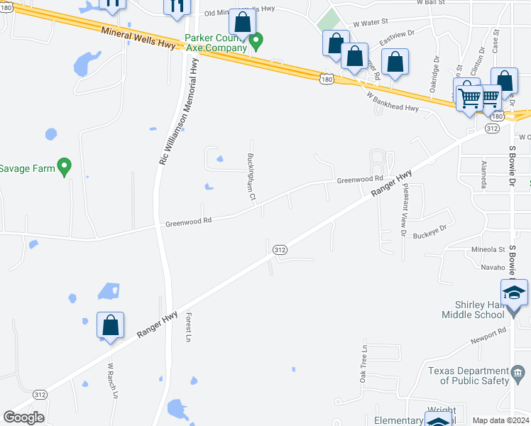 map of restaurants, bars, coffee shops, grocery stores, and more near 1557 Greenwood Road in Weatherford