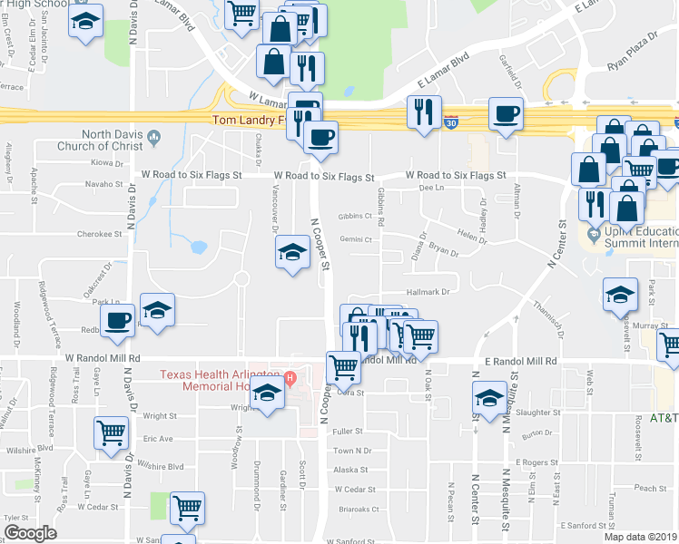 map of restaurants, bars, coffee shops, grocery stores, and more near 1315 North Cooper Street in Arlington