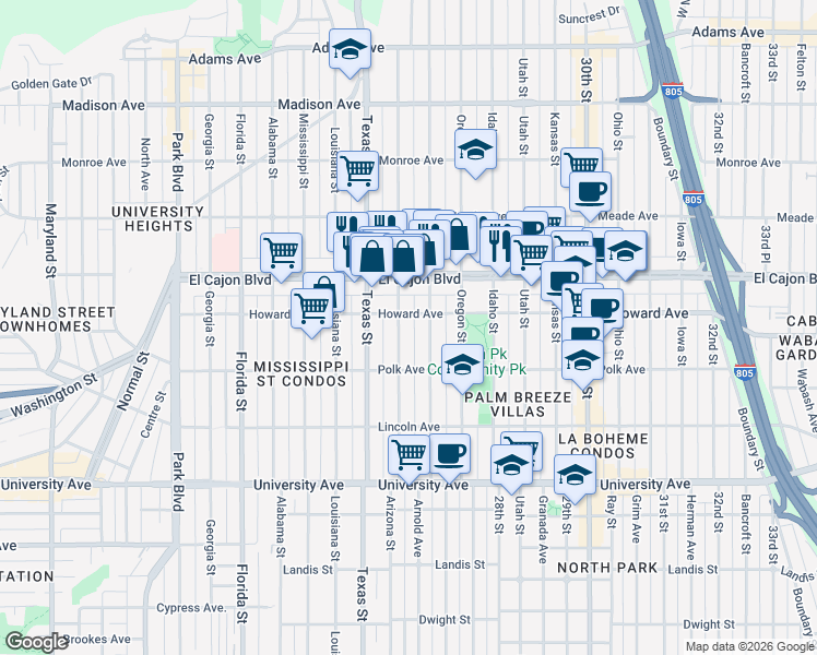 map of restaurants, bars, coffee shops, grocery stores, and more near in San Diego